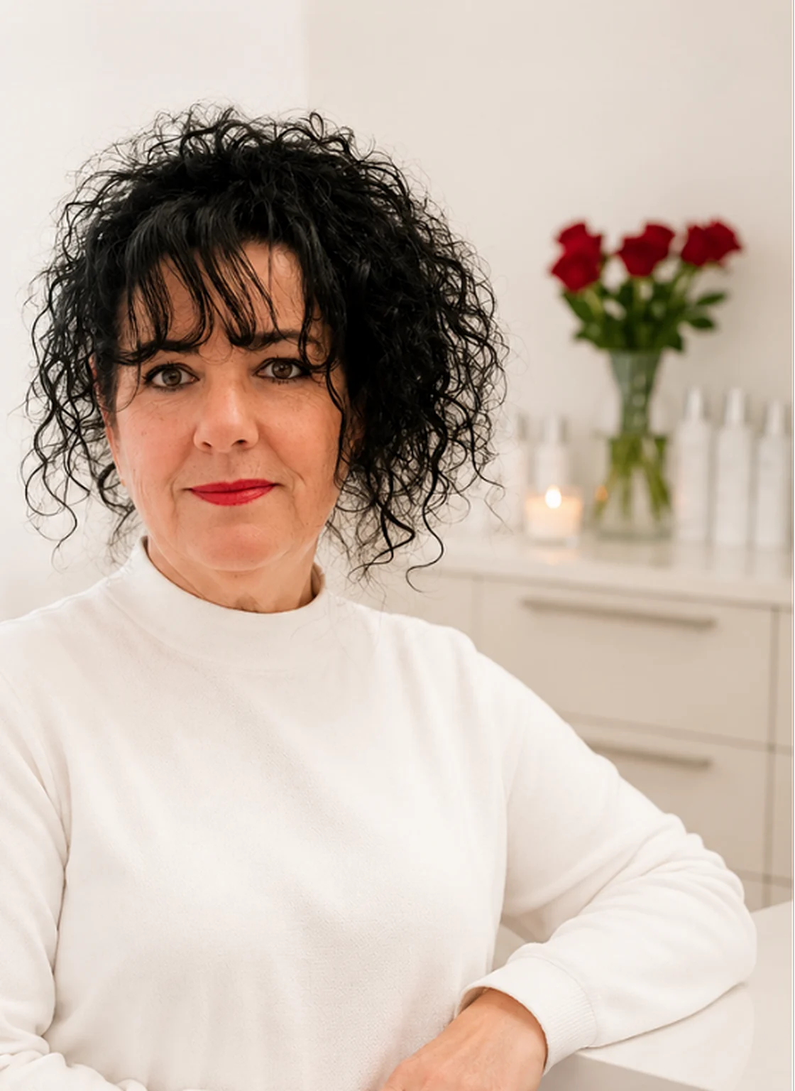 Sabine Kraft, Heilpraktikerin für ästhetische Medizin, in ihrer Praxis; hinter ihr rote Rosen und eine Kerze